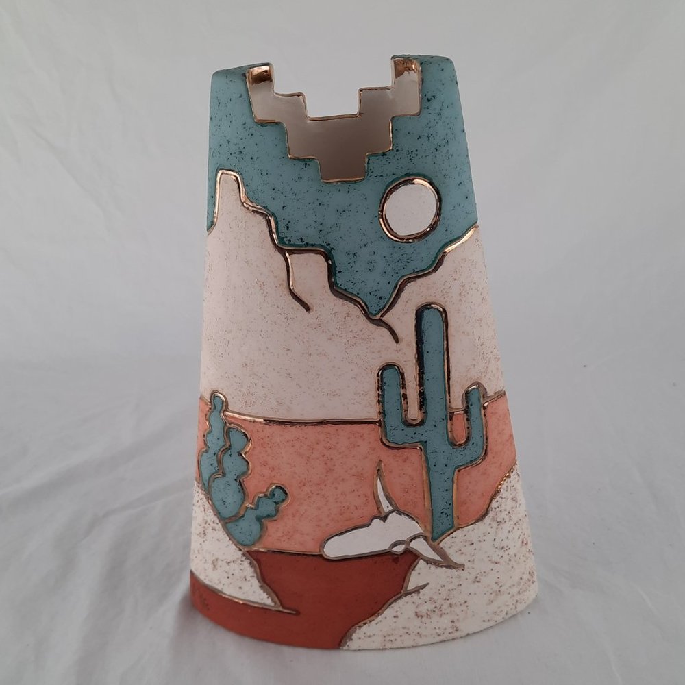 SOLD Unique Signed Oblong Gold Etched Southwestern Vase - 9.5" high
